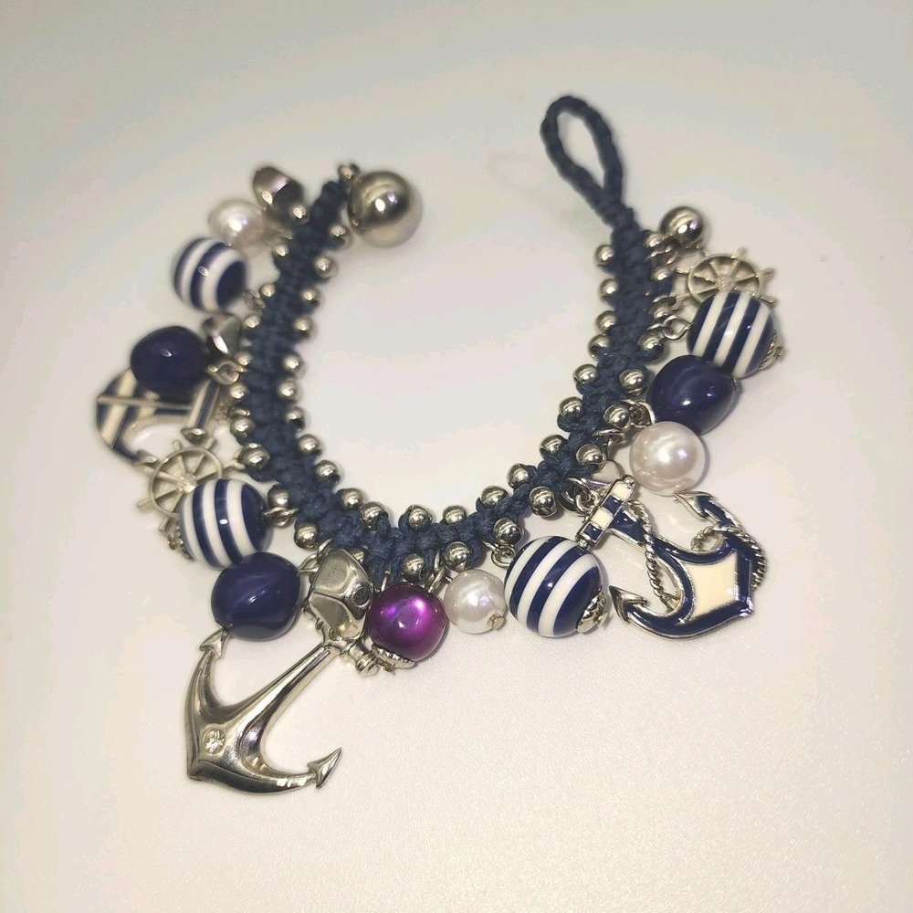 Nautical Anchor Charm Bracelet Beach themed Anchor charms Navy Cord Bracelet